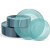 FLOWERCAT 100PCS Clear Blue Plastic Plates - Heavy Duty Plastic Plates Disposable -Straw hat plate for Birthday party &Wedding - Serve for 50Guests party(10inch & 7inch)(Mediterranean Blue)