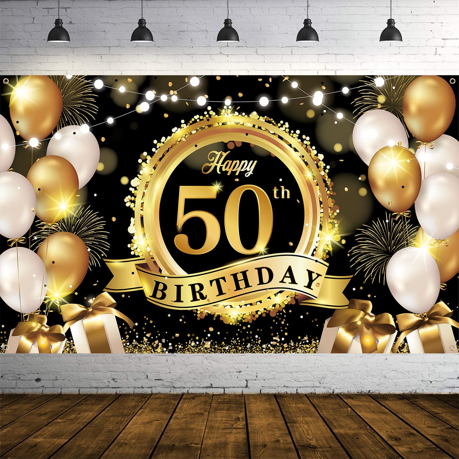 50th Birthday Decoration Banner, 50th Black Gold Birthday Backdrop Banner Photo Booth Sign Decorations, Extra Large Fifty Birthday Banner Background for Men 50th Birthday Anniversary Party Supplies