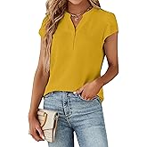 Blooming Jelly Women's Dressy Casual Tops Business Work Blouses White Button Down Shirts Cap Sleeve V Neck Tshirt