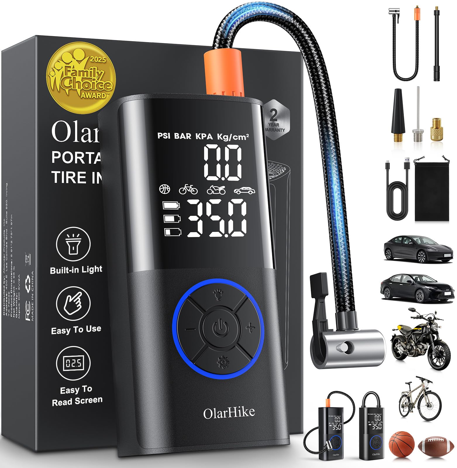 Photo 1 of OlarHike Tire Inflator Portable Air Compressor, Smart Dual Hose System, 160PSI Auto Air Pump for Car Tires, Bike,Bicycle, Motorcycles,Electric Pump with LED Light & Digital Pressure Gauge