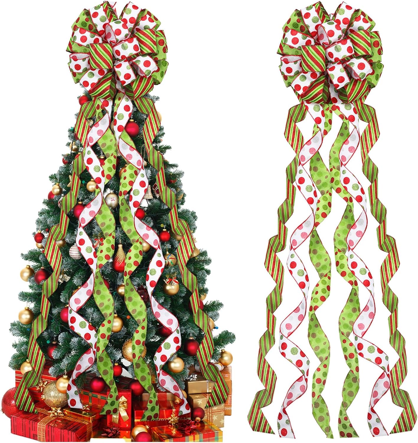 Tree Toppers - Tigeen Christmas Tree Bow Topper 47 x 13 Inch Red Green White Polka Dot Large Toppers Gift Bow Present Bow with Glitter Streamers for Wreaths Xmas Party Holiday Festival Decorations