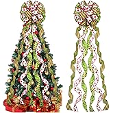 Tigeen Large Christmas Tree Bow Topper 52 x 12 Inch Red Green White Polka Dot Tree Topper Xmas Wreath Bow with Glitter Streamers for Christmas Party Indoor Outdoor Decoration Favor Supplies