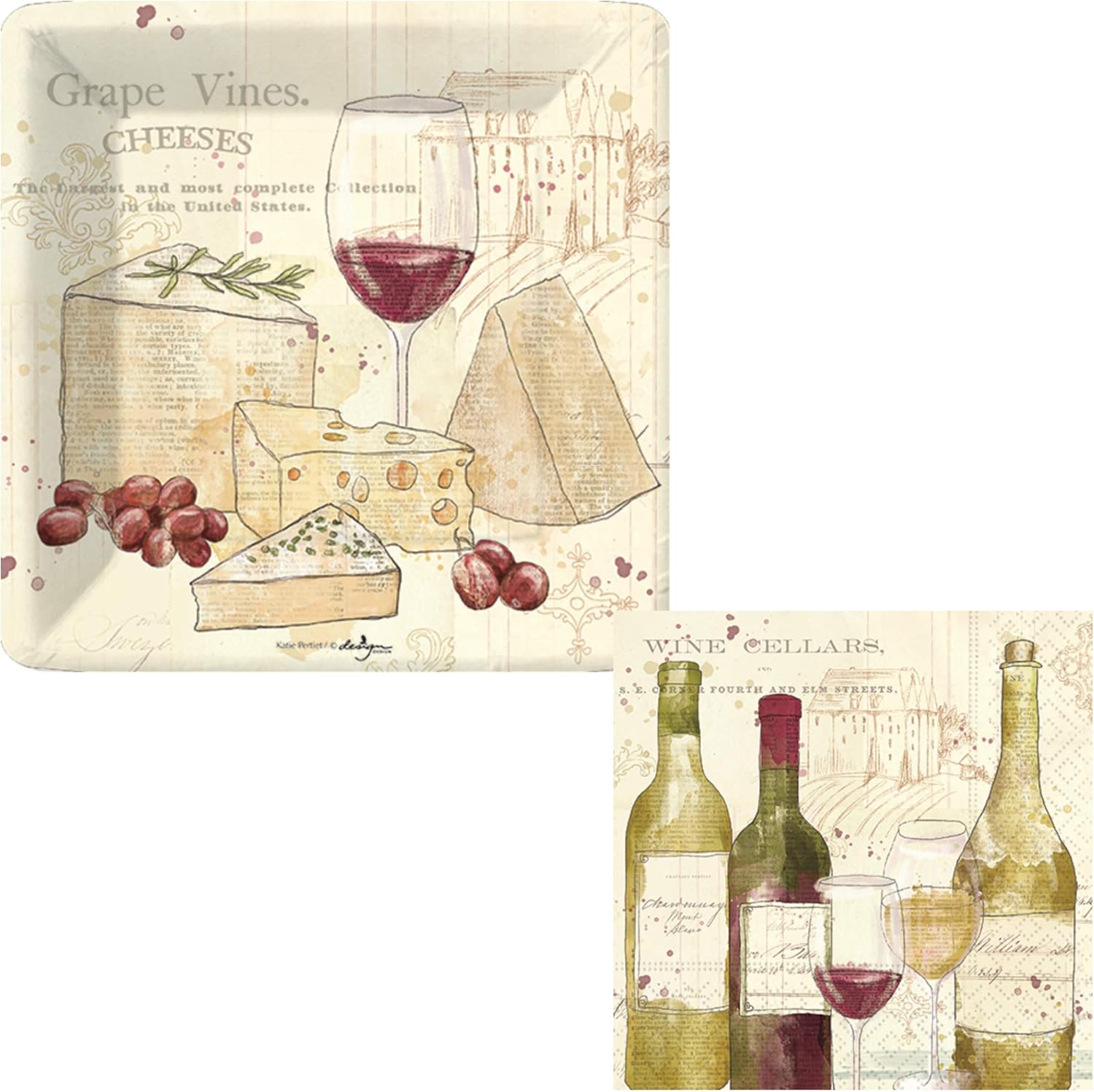 Wine Theme Party Supplies | Bundle Includes Square Paper Dessert Plates & Napkins for 16 People | Wine & Cheese Vintage Themed Design