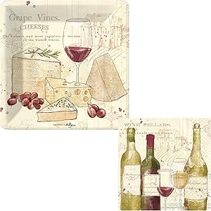 Wine Theme Party Supplies | Bundle Includes Square Paper Dessert Plates & Napkins for 16 People | Wine & Cheese Vintage Themed Design