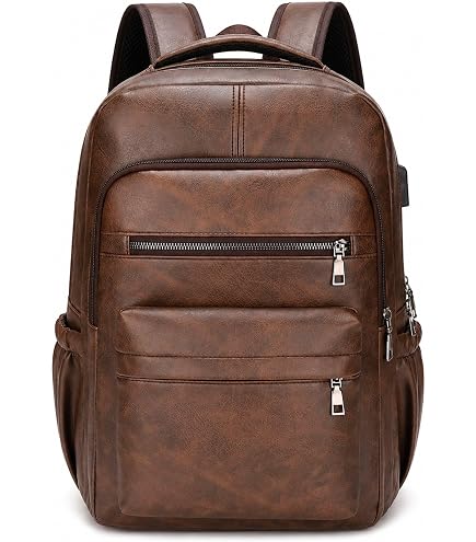 Leather Laptop Backpack for Men Women, School College Bookbag Casual Travel Daypack (Brown) : Electronics