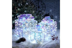 COVFEVER Christmas Lighted Iridescent Gift Boxes, Pre-lit Lights Gift Boxes Set of 3, Light up Present Boxes Set Battery Operated with Different Sizes for Holiday Indoor Outdoor Decorations