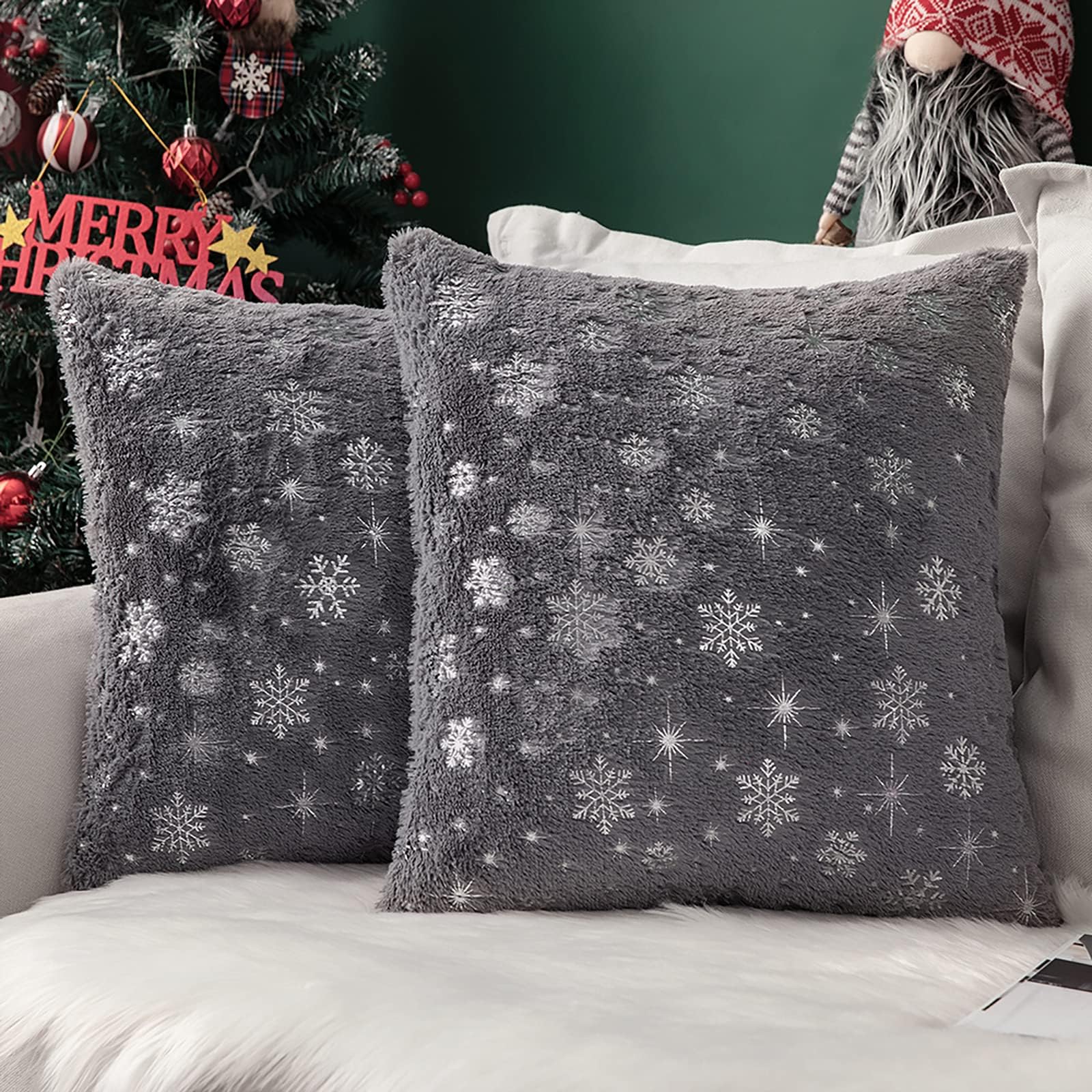 MIULEE Pack of 2 Christmas Cushion Covers Faux Fur Throw Pillow Cover Fluffy Soft Decorative with Snow Patterns Square Pillow Covers Plush Case for Sofa Bedroom 16 x 16 Inches 40 x 40 cm Grey