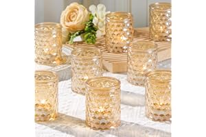 HAVITI 12pcs Gold Votive Candle Holders, Glass Tea Light Candle Holders for Wedding Centerpieces Decorations, Gold Christmas Decor Party Supplies and Baby Shower Table Decorations