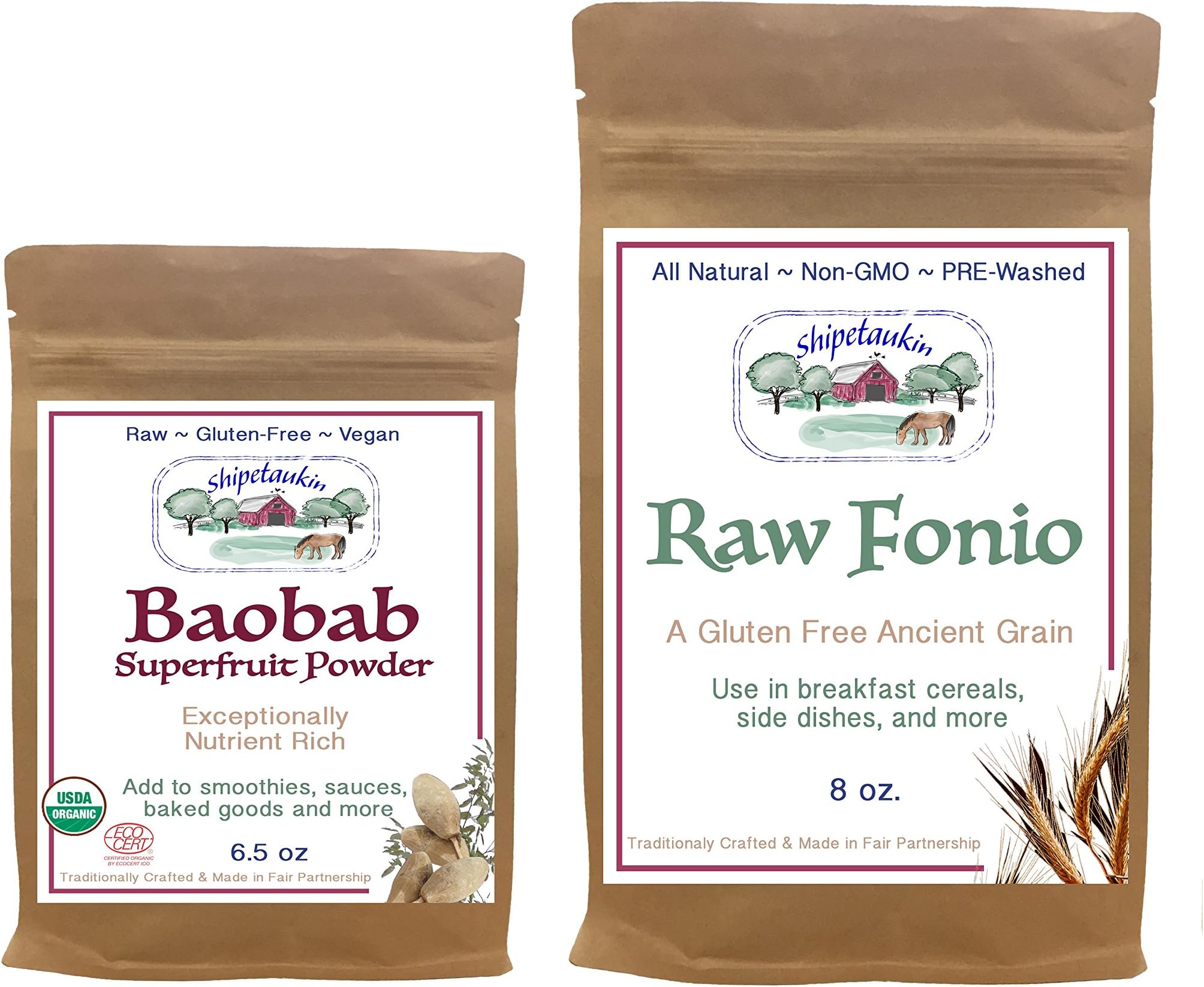 Shipetaukin Flavors of Africa Sampler Bundle: (1) Raw Fonio Ancient African Gluten Free Grain (8 Ounces), and (1) Baobab Superfruit Smoothie and Sauce Thickening Powder (6.5 Ounces)