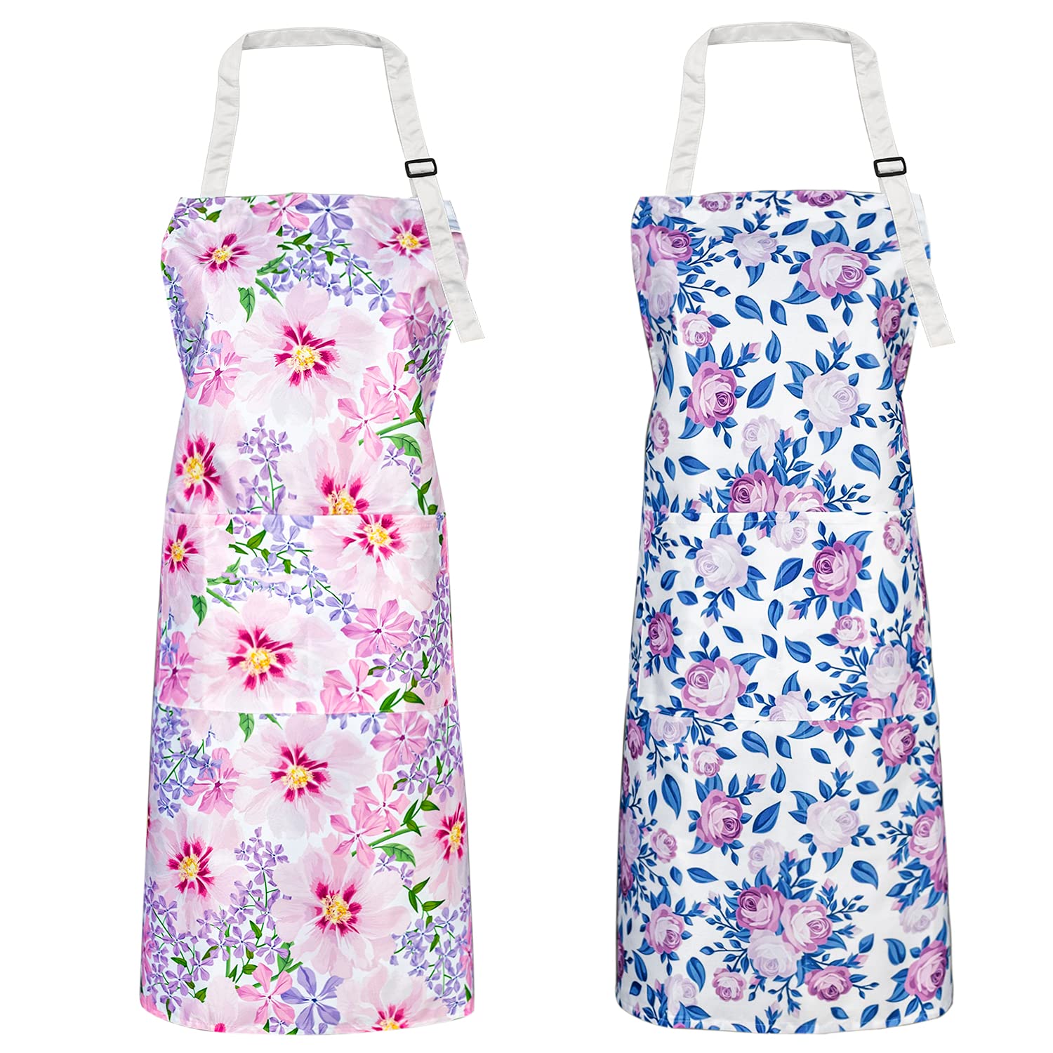 FunChaos 2 Packs Kitchen Aprons for Women, Floral Aprons with 2 Pockets, Chef Apron for Cooking Baking Gardening, Premium Aprons, Perfact Gifts for Mum Wife Girlfriend Grandma