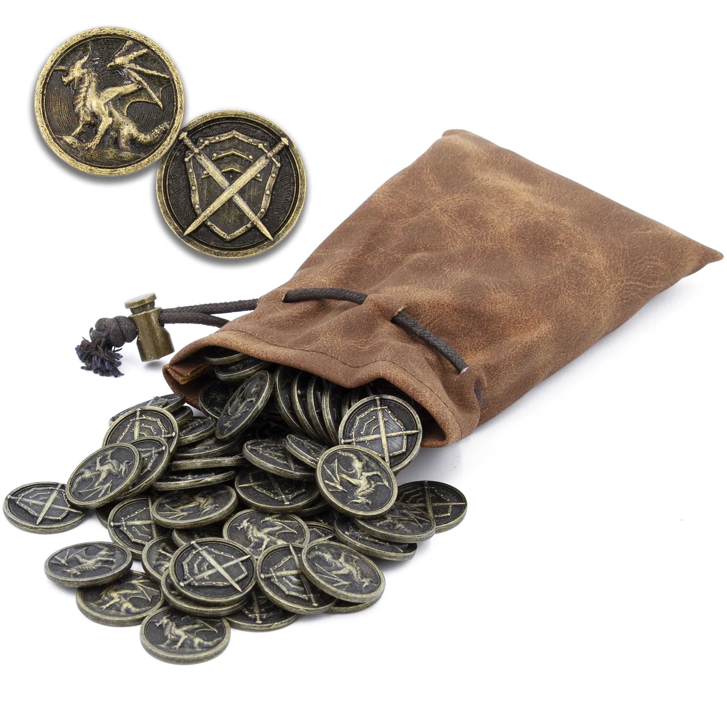 CASEMATIX Metal Coins & Carrying Pouch – 100 DnD Fantasy Coins for Tabletop RPG Board Games, Dragons, Sword & Shield Engraved Tokens with Bag for RPGs & Board Games
