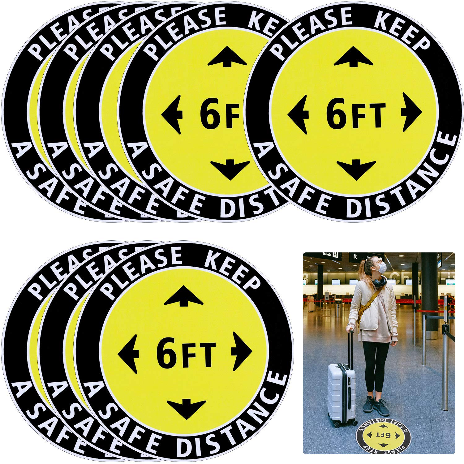 8 Pieces 12 Inch Social Safe Distancing Floor Signs Floor Decals Stickers Adhesive 6ft Distance Floor Sign Marker for Home Office Store Supplies