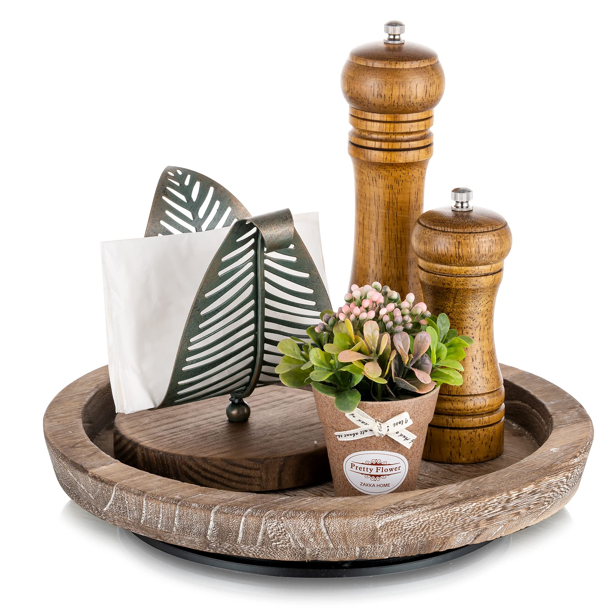 Turnable Rustic Wooden Serving Tray: Hanobe Round Wood Butler Decorative Vintage Centerpiece Candle Holder Trays Farmhouse Ottoman Tray with Turn Table for Kitchen Countertop Home Decor for Table — image 1