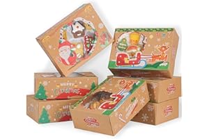 YEKTFS 12-Pack Christmas Cookie Boxes with Window, 8.25x6x2.75 in Large Brown Christmas Cookie Tins with Lids, Christmas Treat Boxes, Candy and Cookie Boxes for Gift Giving