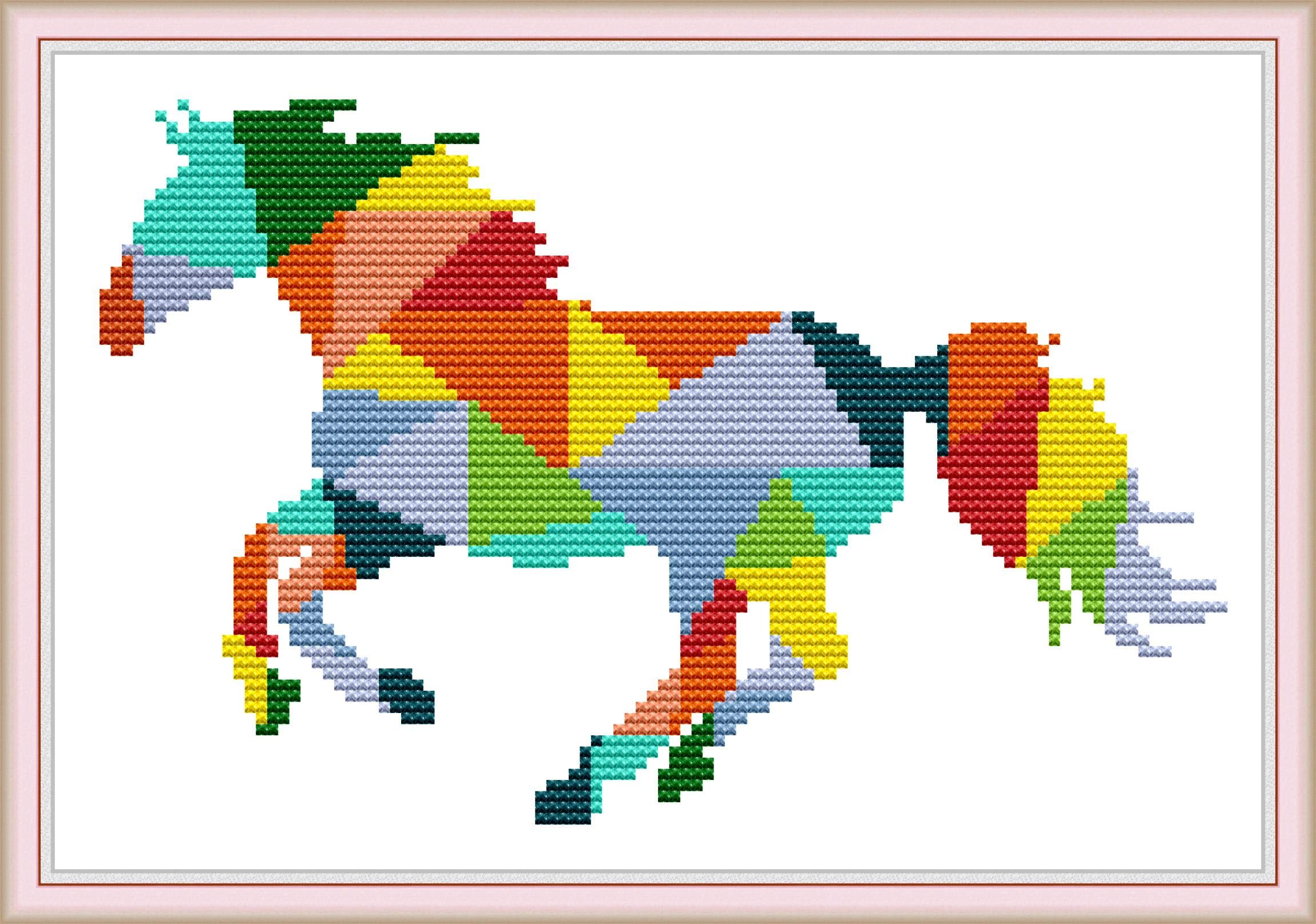 OWN4B Cross Stitch Kits Stamped, Rainbow Horse 2 Printed Pattern 11CT 13.4x9.1 inch DIY Embroidery Kit