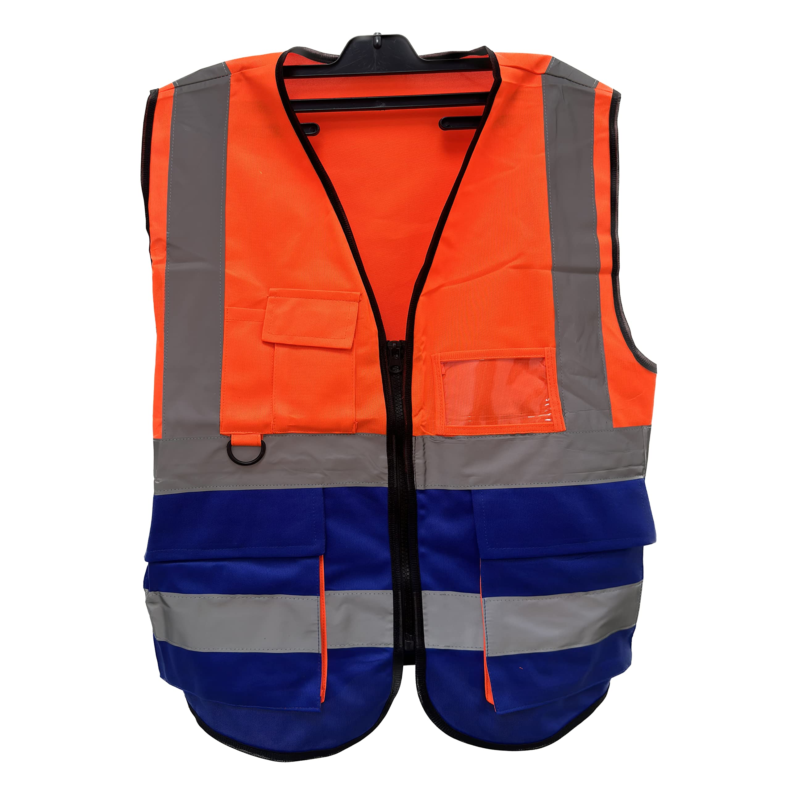 PB TECH Hi Vis Zipper Front High Visibility Reflective Vest Hi Vis Executive Jacket Vest Waistcoat ID & Multiple Pockets (Orange & Navy, S)