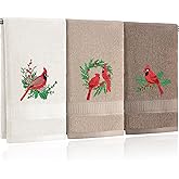 Hillsuren 3 Pcs Christmas Hand Towels Red Cardinal Embroidered Brown Decorative Bathroom Towels for Bathroom Kitchen Winter Set, 100% Cotton, 13.3 x 29.5''