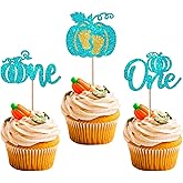 24 Pack Pumpkin One Cupcake Toppers Glitter Fall Theme First Birthday Cupcake Picks Halloween Cake Decorations for Pumpkin Theme Baby Shower 1st Birthday Party Cake Decorations Supplies Blue