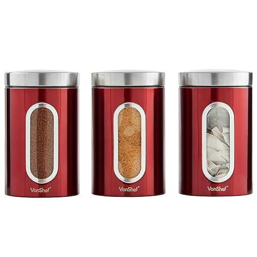 Set of 3 Stainless Steel Glass Tea Coffee Sugar Canister Caddy Set