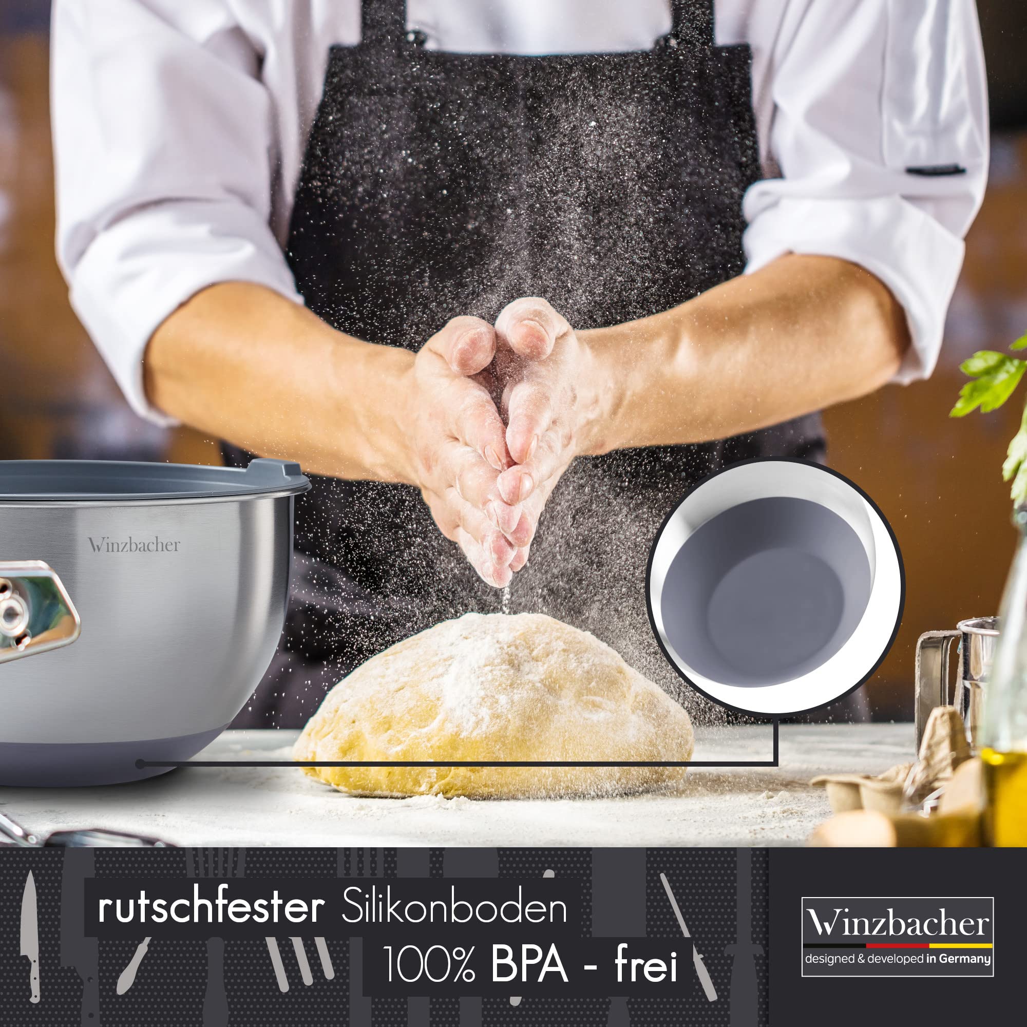Winzbacher Edelstahl Schüssel mit Deckel [5er Set] 1l + 1.5l + 2.5l + 3.5l + 4.5l | Rührschüssel, Salatschüssel, Schüsselset, | rutschfest | stapelbar | inkl. Reibe 3