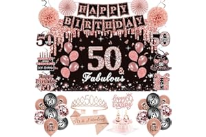 50th Birthday Decorations for Women,52Pcs PRE-STRUNG Rose Gold Black Party Set-50 Years Old Crown and Sash,Banner Backdrop Ba