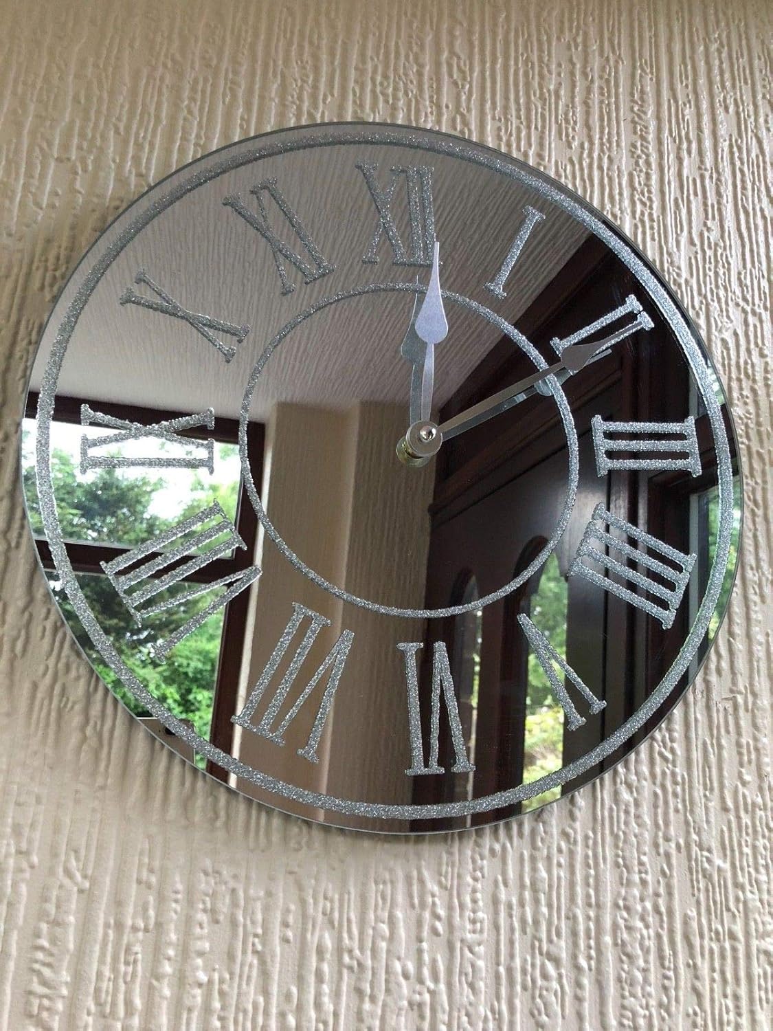 home stuff SILVER SPARKLE GLITTER MIRRORED WALL CLOCK ROMAN NUMBER GLASS WALL CLOCK NEW Amazon