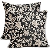 Black Floral Pillow Covers 18x18 Set of 2 Brown Cream Vintage Flower Block Print Pattern Decorative Throw Pillowcases Outdoor Rustic Farmhouse Square Cushion Cases Decor for Home Couch Sofa Bed