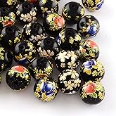 PH PandaHall 20Pcs 12mm Flower Pattern Glass Round Beads Colored Drawing Flower Picture Beads Black Mixed Model Spacer Beads for DIY Jewelry Making