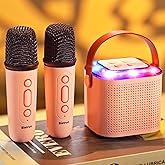 Mini Karaoke Machine with 2 Wireless Microphones for 5+ Years Old Kids, Rechargeable Portable Bluetooth Karaoke Singing Speaker with Voice Changing, RGB Light, for Birthday, Family, Home Party Gift