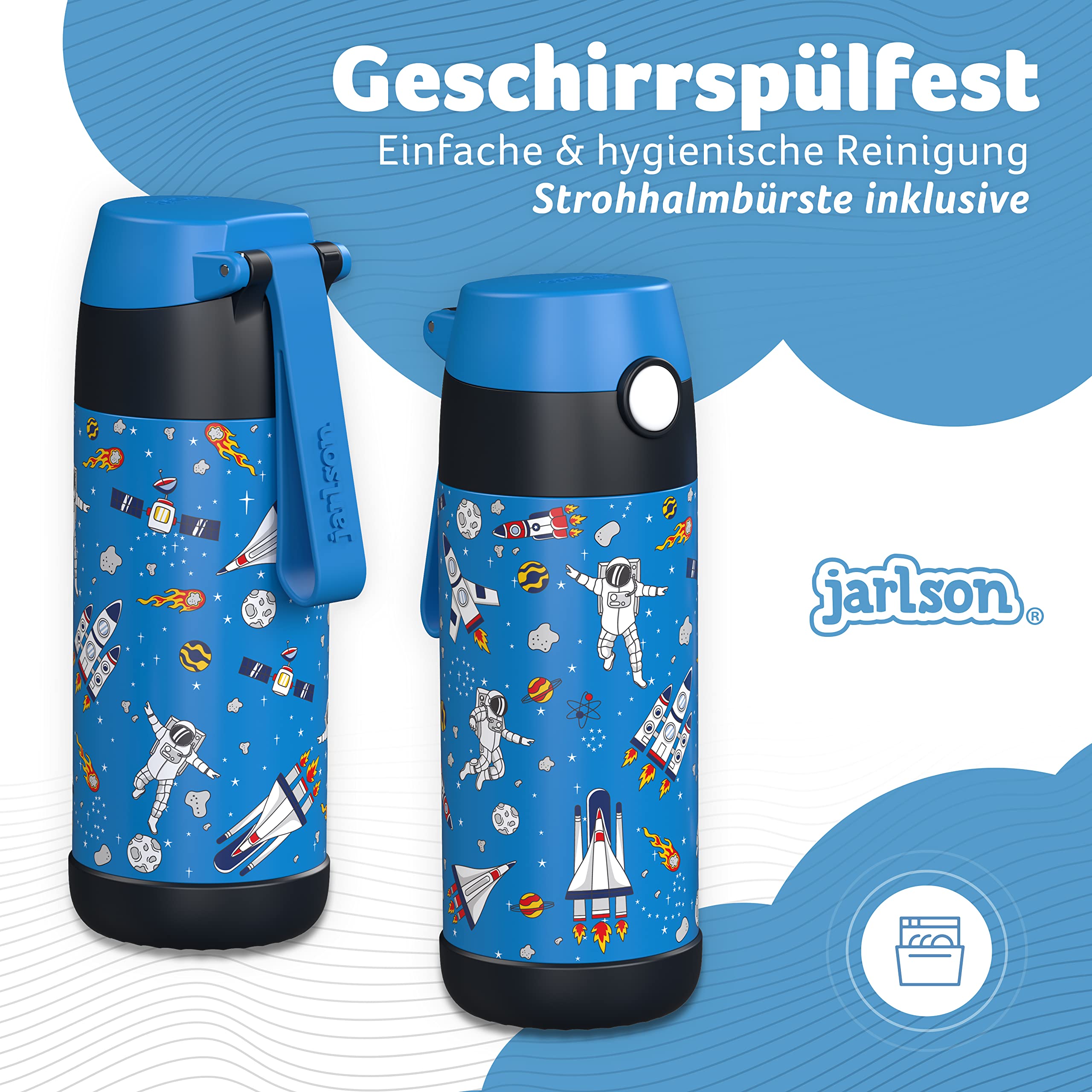 Jarlson® Trinkflasche Kinder Edelstahl MALI [THERMOSFLASCHE] - Kindertrinkflasche Auslaufsicher - Thermoskanne Kohlensäure geeignet - Thermo Trink Flasche für Schule & Kindergarten (350ml, Weltall) 4