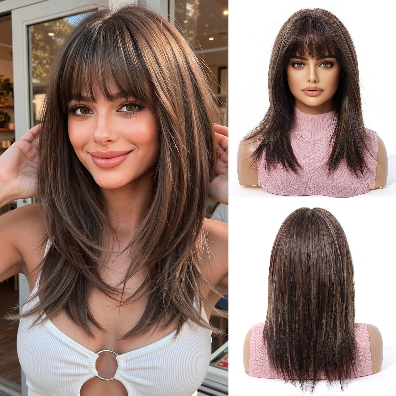 OUFEI Mixed Brown Wigs for Women Medium Length Long Straight Wig with Bangs Synthetic Hair Heat Resistant Wigs for Everyday Party Cosplay Wear — image 1