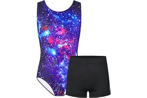 TENVDA Gymnastics Leotards for Girls Sleeveless Kids Dance Tumbling Outfit Matching Shorts Set Age 4-12 Years