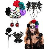Vivrerizo Day of the Dead Costume Accessories with Skull Eye Mask Lace Choker for Halloween Women Men Couple Cosplay