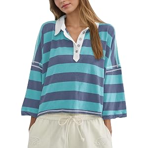 Meladyan Women's Oversized Striped Polo Shirt 3/4 Sleeve Cropped Boxy Tees Side Split Button Front Lapel V Neck T-Shirts