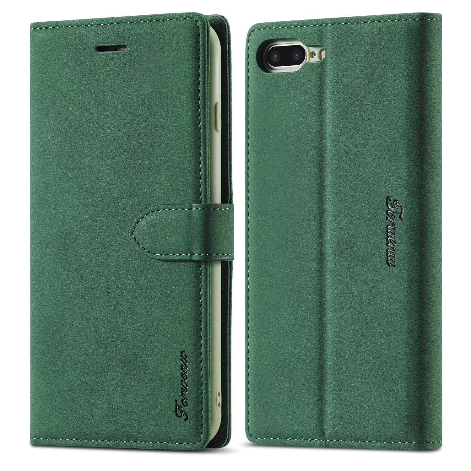 EYZUTAK Case for iPhone 7 Plus iPhone 8 Plus, Vintage Wallet Folio Flip Cover Full Coverage Premium Leather Case with Magnetic Closure Kickstand Card Slots - Dark Green