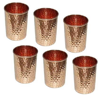 SKAVIJ Pure Copper Hammered Water Drinking Glasses Set of 6, Indian Drinkware Accessory, Capacity 250 Ml