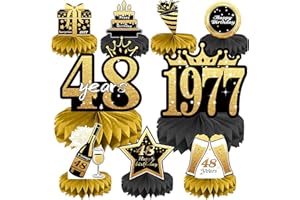 JOYCARD 48th Birthday Decorations Set, 1977 Table Toppers for Women Men Birthday Party Supplies, Happy 48 Year Old Table Decoration for Mother and Dad, 9Pcs Black & Gold Honeycomb Centerpieces
