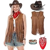 Changchupsem Western Cowgirl Costume for Women Cowboy Tassel Vest for Women Outfit with Hat Bandana Necklace