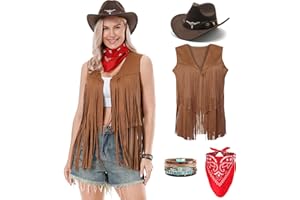 Changchupsem Western Cowgirl Costume for Women Cowboy Tassel Vest for Women Outfit with Hat Bandana Necklace