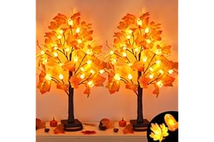 ENVOTEK 2 Pack 24 Inch Artificial Lighted Fall Maple Tree Thanksgiving Decorations with 48 LEDs Battery Operated Timer Prelit Acorn Maple Tree Lights for Thanksgiving Table Decor Home Indoor Autumn Harvest