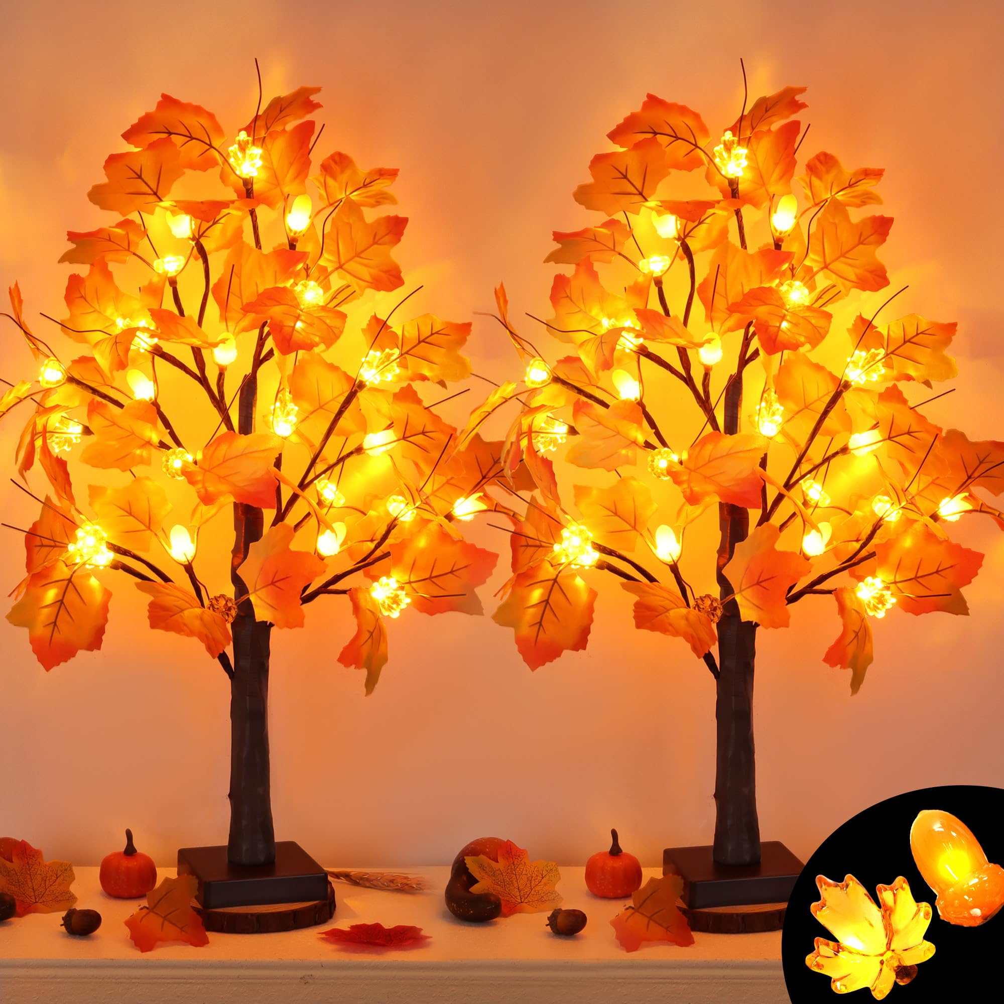 Photo 1 of 2 Pack 24 Inch Artificial Lighted Fall Maple Tree Thanksgiving Decorations with 48 LEDs Battery Operated Timer Prelit Acorn Maple Tree Lights for Thanksgiving Table Decor Home Indoor Autumn Harvest