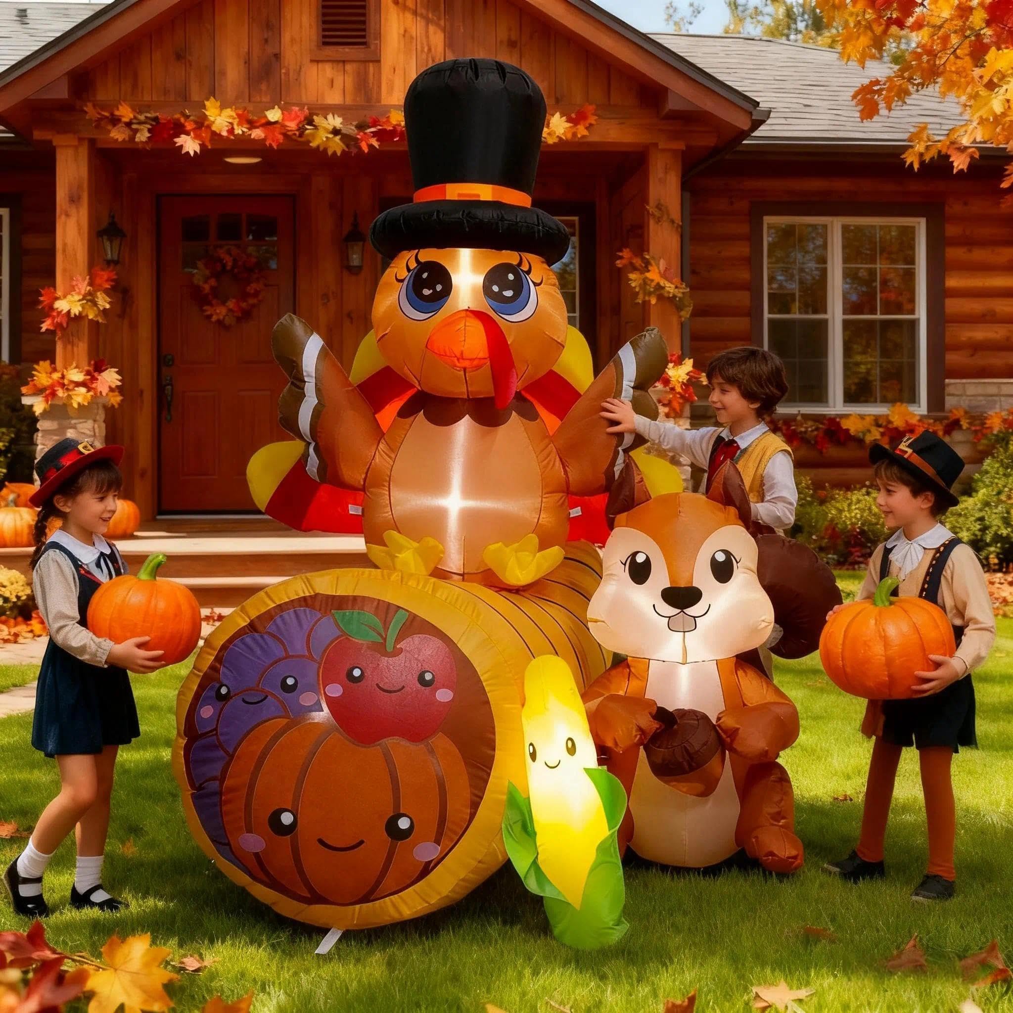 Photo 1 of 6FT Tall Thanksgiving Inflatables Turkey Decor with Squirrel Corn and Cornucopia, Build in LEDs Blow up Turkey Inflatable Outdoor Indoor Lawn Yard Thanksgiving Decorations - Autumn Holiday Harvest