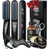 FEBOTE Beard Straightener Kit for Man- Heated Grooming Beard Brush, Beard Balm,Comb,Beard Growth Oil, Value Gift Set for Fathers Day,No-Scald,for Soft,Thick,Curly Beard,Prevent Damage