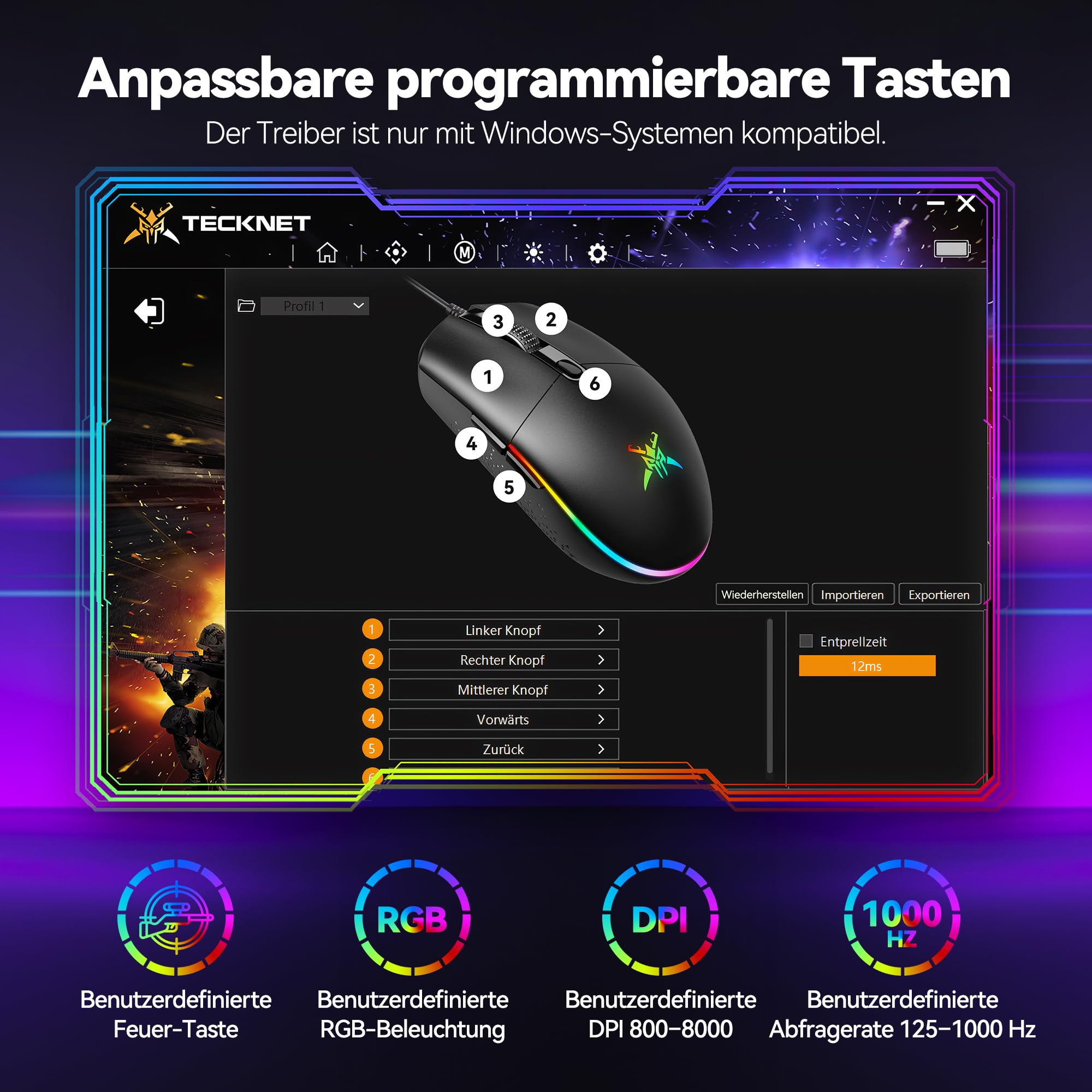 TECKNET RGB Gaming Maus Kabelgebundene, 10000 DPI, 6 programmierbaren Tasten, 10 Millionen Klicks Lebensdauer, Ergonomische USB Gaming Maus mit Kabel für PC Kohlenstoff-Schwarz 6