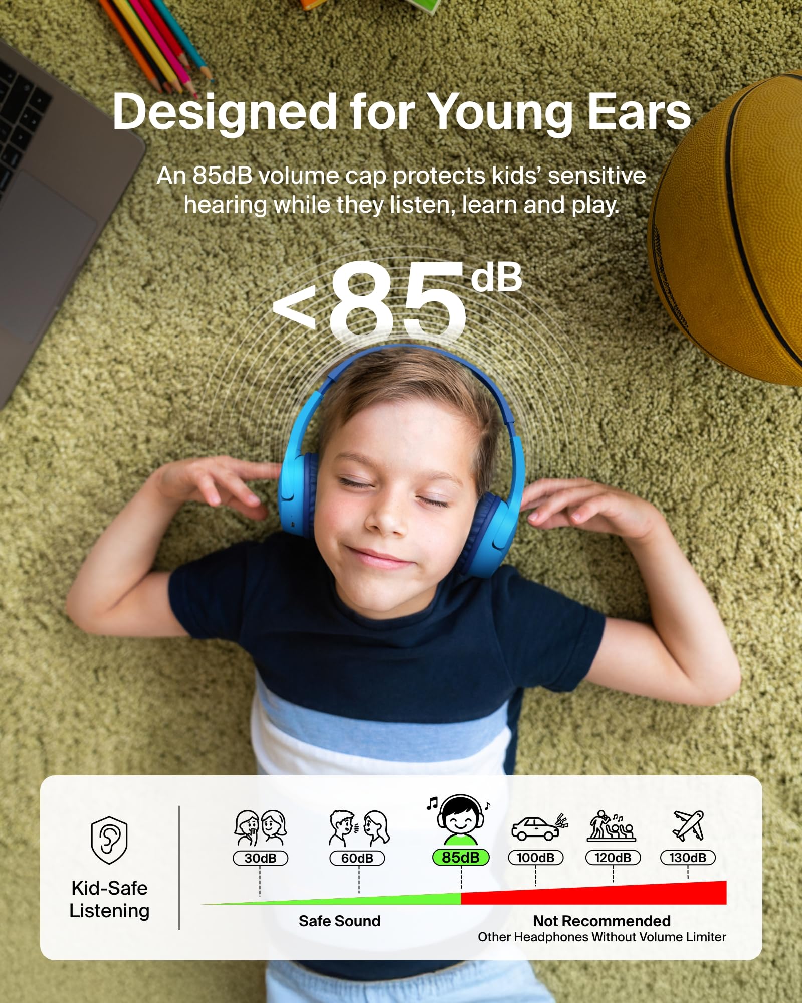Belkin SoundForm Mini - Wireless Bluetooth Kids Headphones, 30H Battery, 85dB Safe Volume Limit, Built-in Microphone - Toddler On-Ear Earphones for iPhone, iPad, Fire Tablet, Ideal for School - Blue