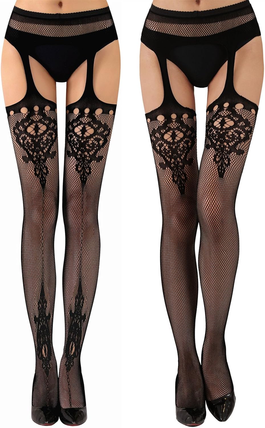 TGD Womens Fishnet Tights Suspender Pantyhose Thigh High Stockings Black 4 Pairs-Style9(4 styles) at  Women’s Clothing store