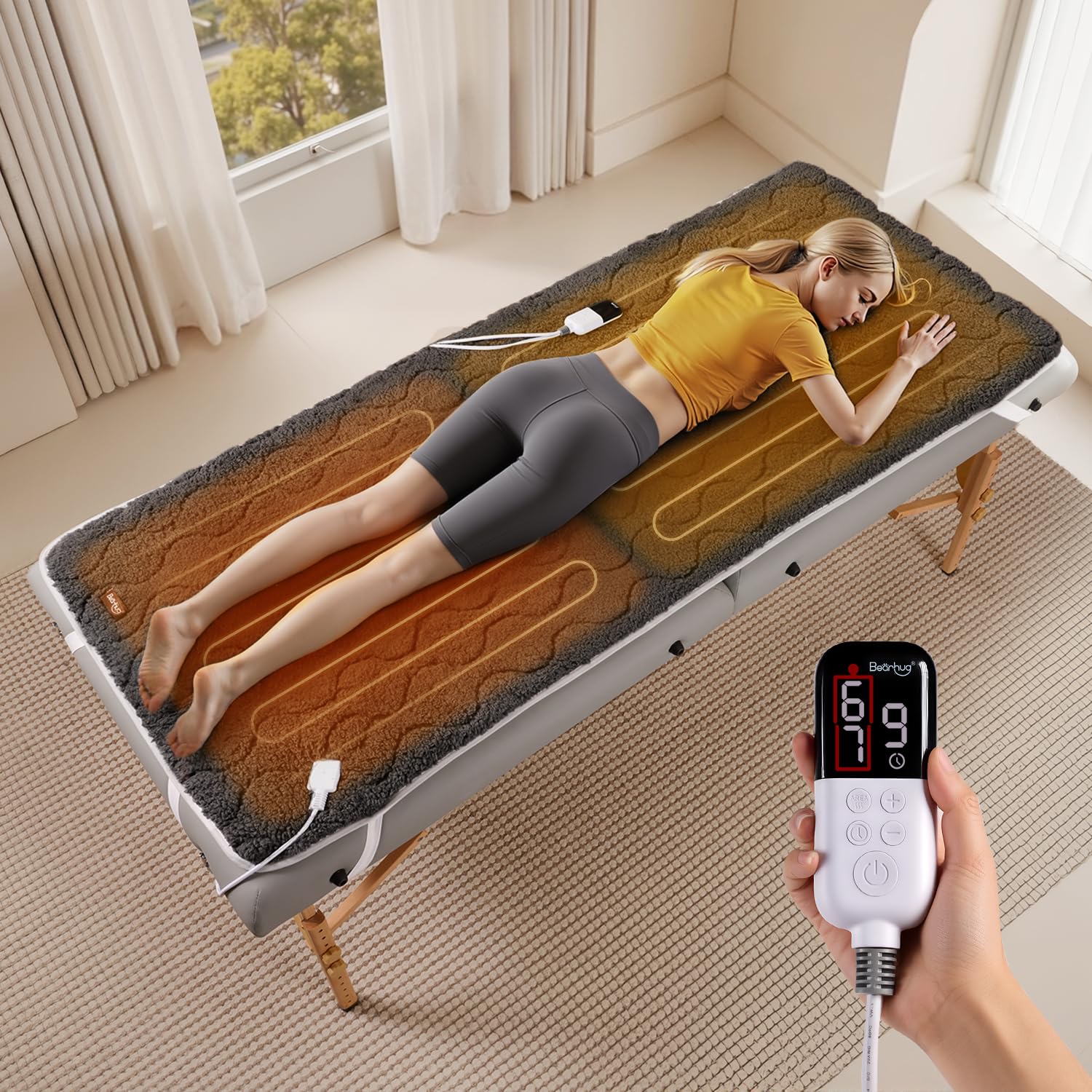 Photo 1 of ****FINAL SALE NOT RETURNS****Bearhug Massage Table Warmer Heating Pad 30” x 71”, Dark Grey Sherpa Wool Dual-Zone Heating Pad with 1-9 Hours Timer & 10 Heating Levels, LED Controller, Machine Washable