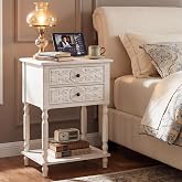 COSIEST 2-Drawer Nightstand with Shelf, Antique White | French Vintage Bedside Table, Shabby Chic Nightstand, Bedroom Furniture, Hand-Carved Floral, 2 Drawers, Open Shelf