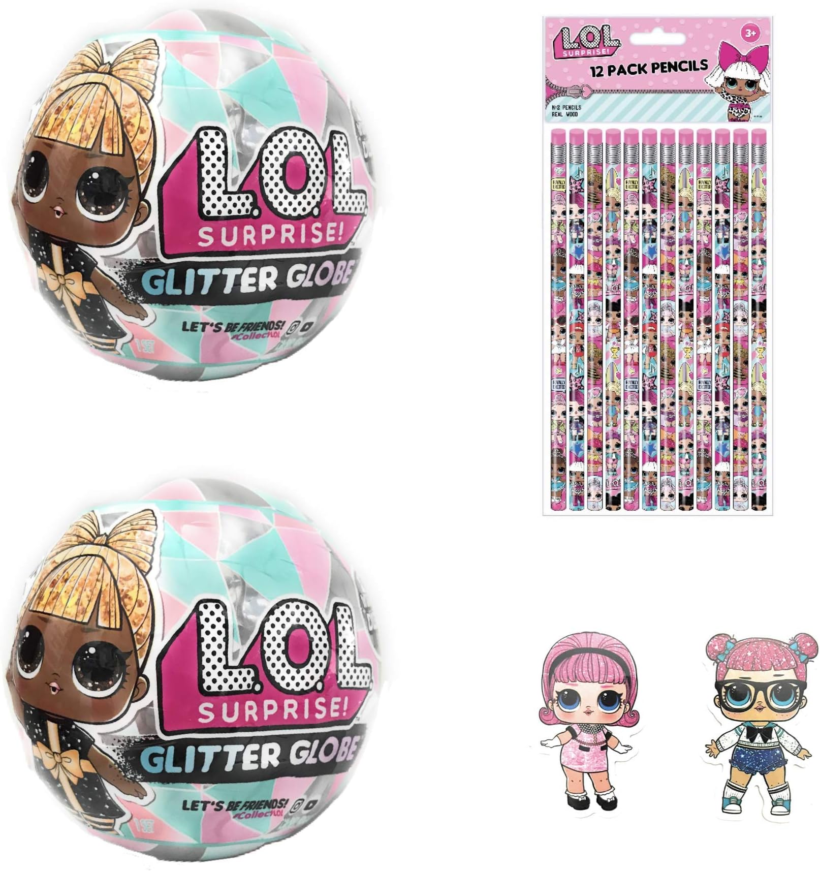 LOL Surprises Winter Disco Glitter Globe Series, 12 Pencils, 2 Jumbo Stickers