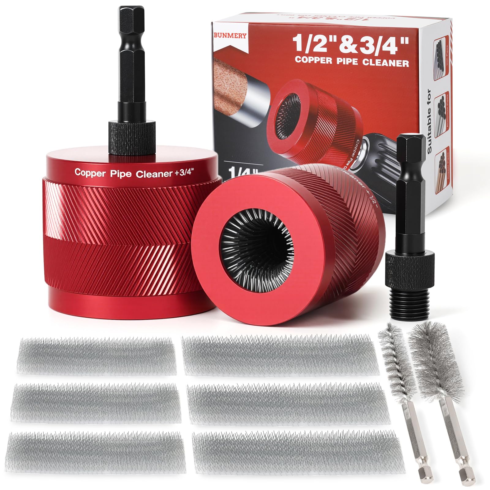 Photo 1 of 1/2" & 3/4" Copper Pipe Cleaner Set for Drill, with 1/4" Hex Shank & 6 Brush Blades & 2 Pipe Cleaning Brush, Plumbing Tools for Removing Rust, Stains & Paint from Copper & Metal Pipes, Red